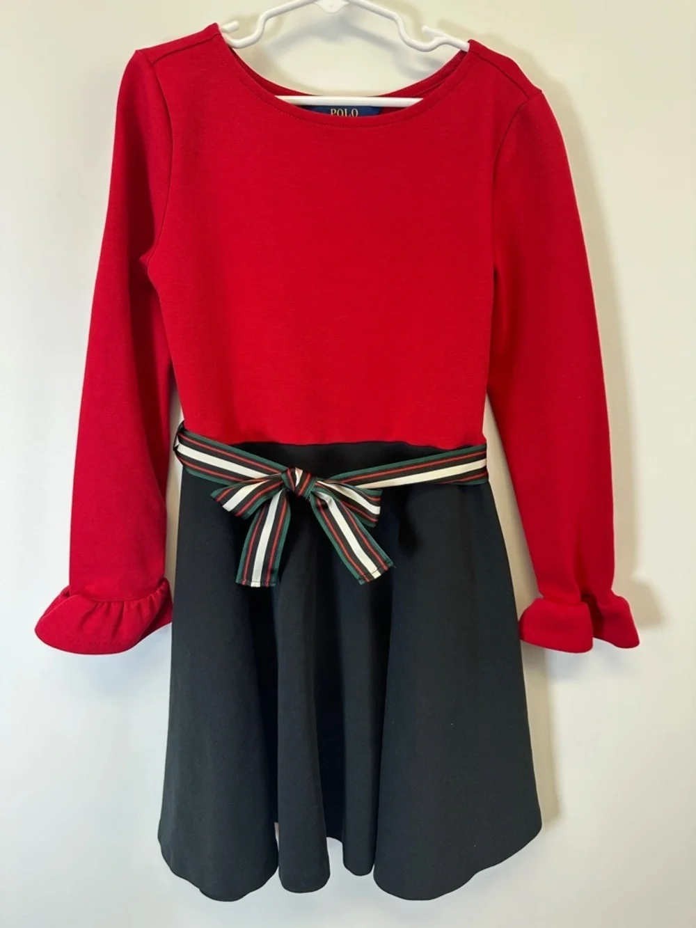 Polo Ralph Lauren Girls Red Black Ponte Dress Bow Holiday Party M 8/10